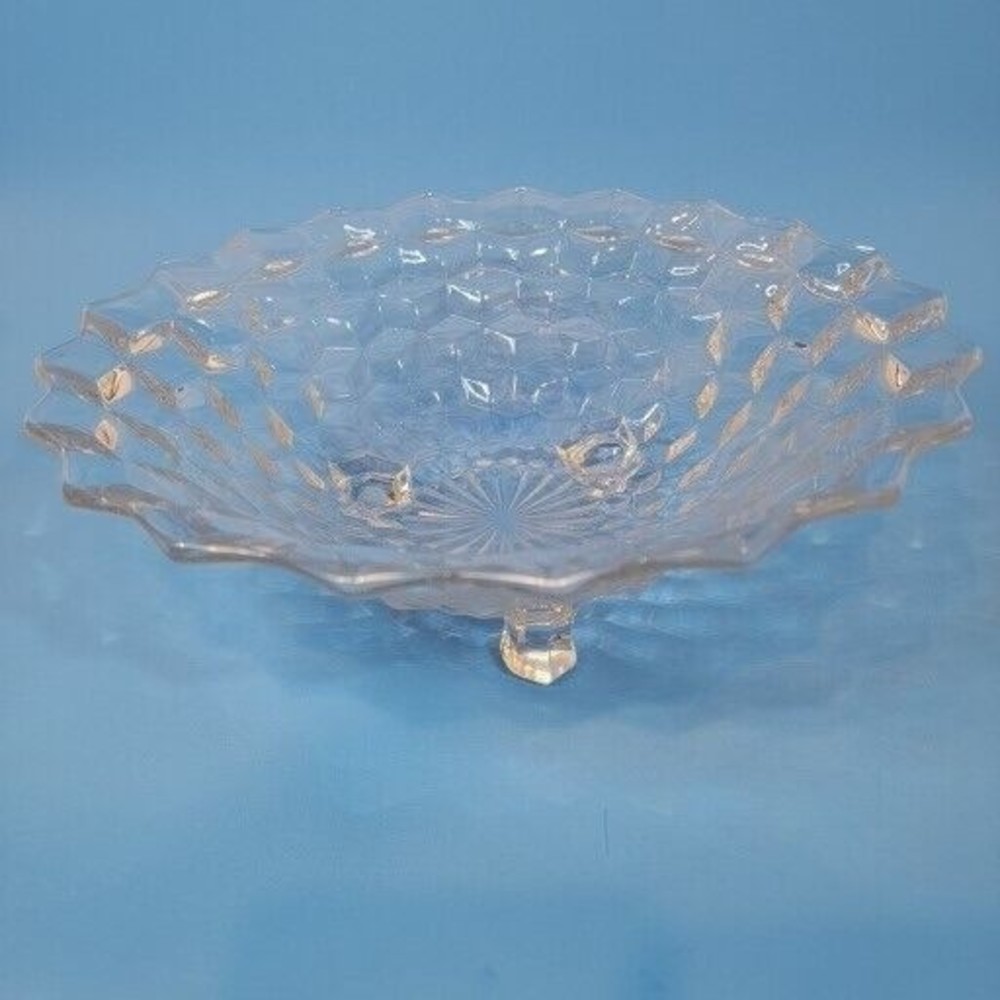 Vtg Fostoria Clear Glass American 3 Footed 10" Round Bowl Server Cubist Dish